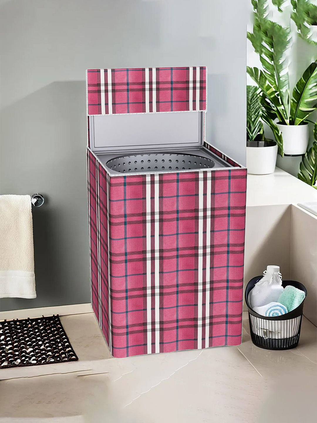 Kuber Industries Maroon & White Checked Light Weight Top Load Washing Machine Cover