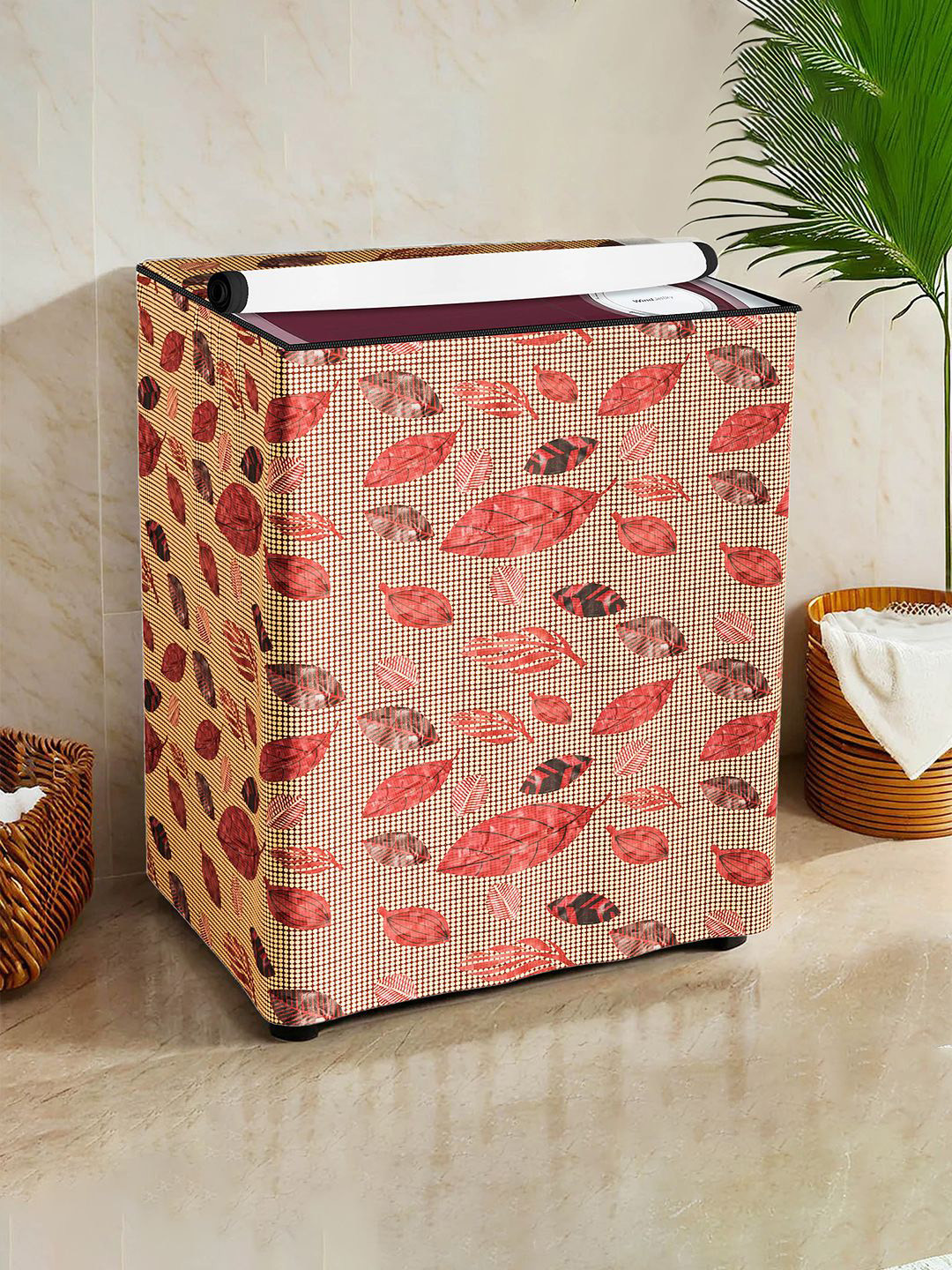 Kuber Industries Brown Leaf Printed Light Weight Semi Automatic Washing Machine Cover