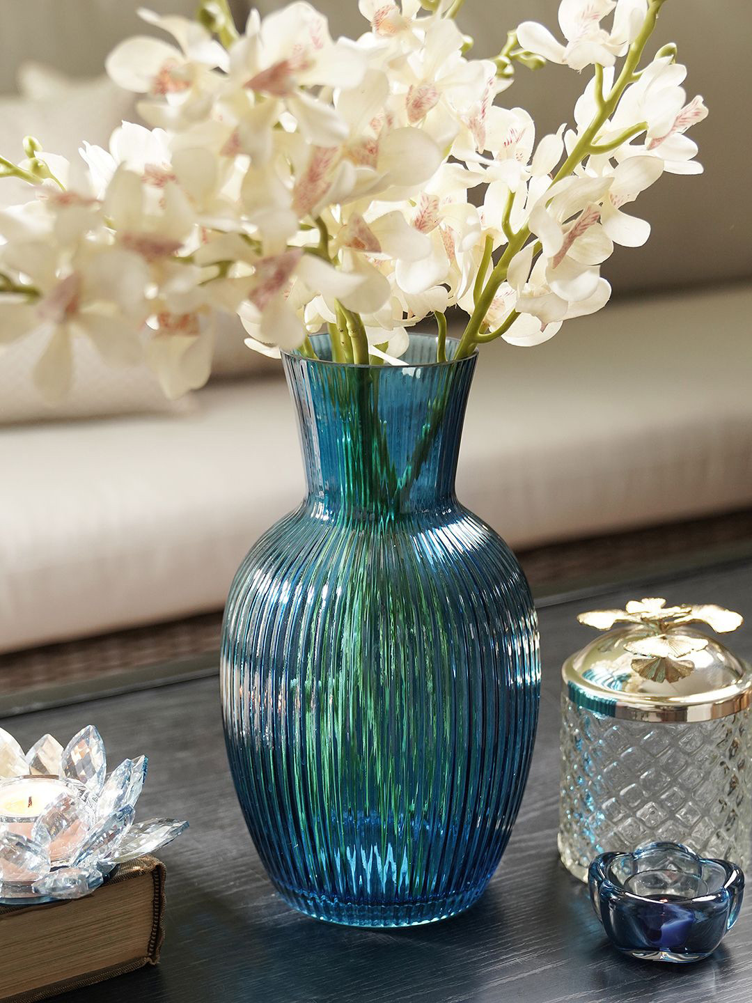 Pure Home and Living Blue Ribbed Glass Vase