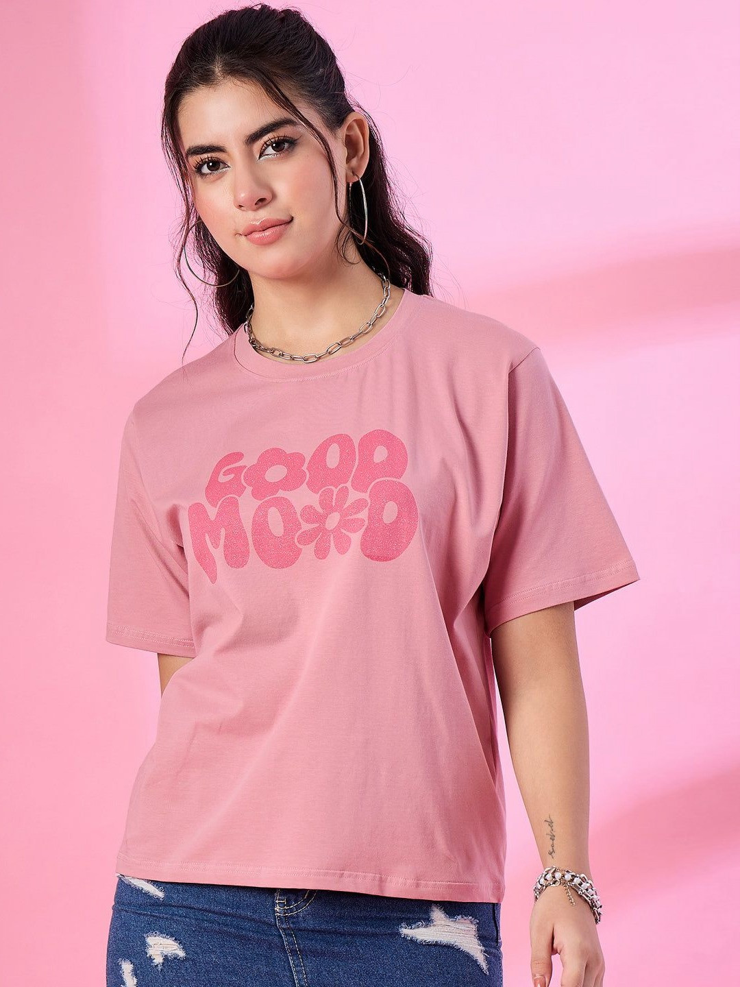CUPID Women Typography Printed Round Neck Cotton Oversized T-shirt