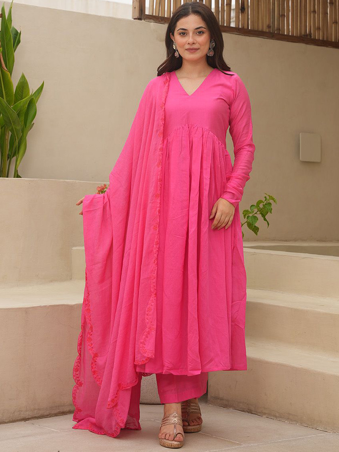 OneWe Chanderi Silk Anarkali Kurta with Trousers & Dupatta
