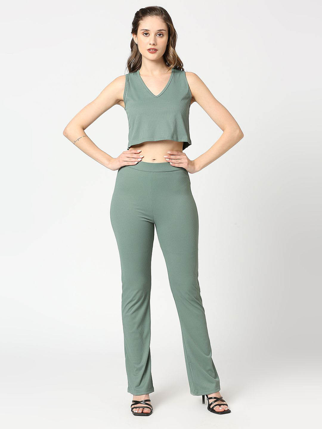 AMMARZO Ribbed V Neck Crop Top With Trouser & Long Shrug