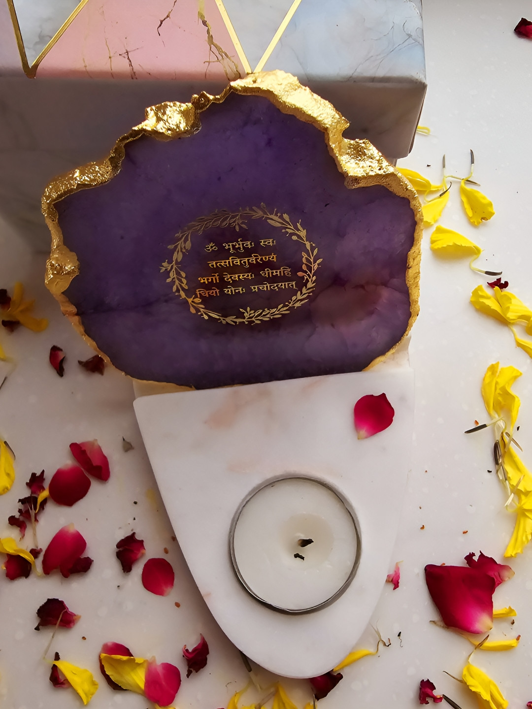 HOMEARTE White Gayatri Mantra Agate with marble base Tea light Religious Candle Holder