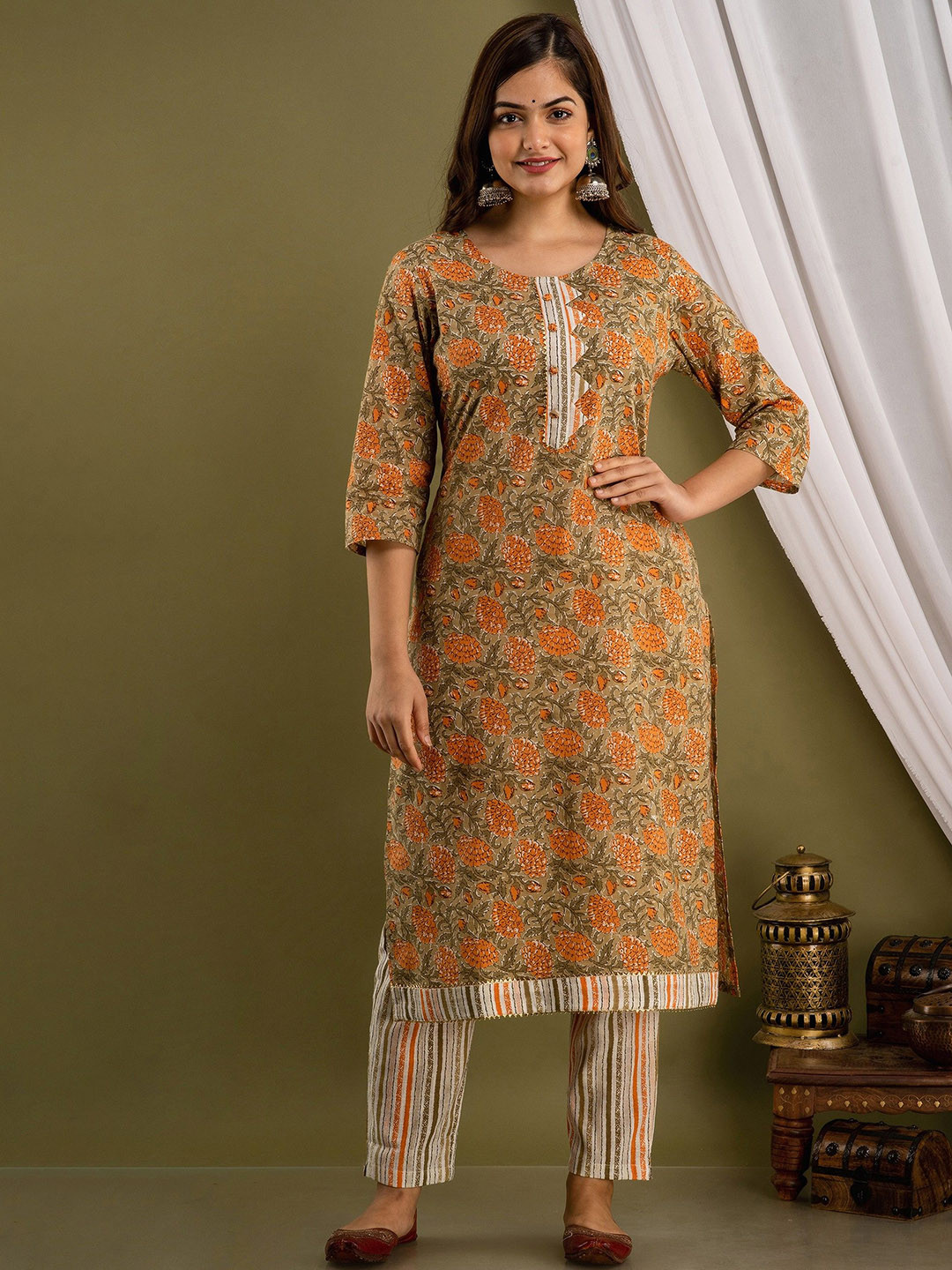 His&Her Floral Printed Pure Cotton Straight Kurta with Trousers & Dupatta
