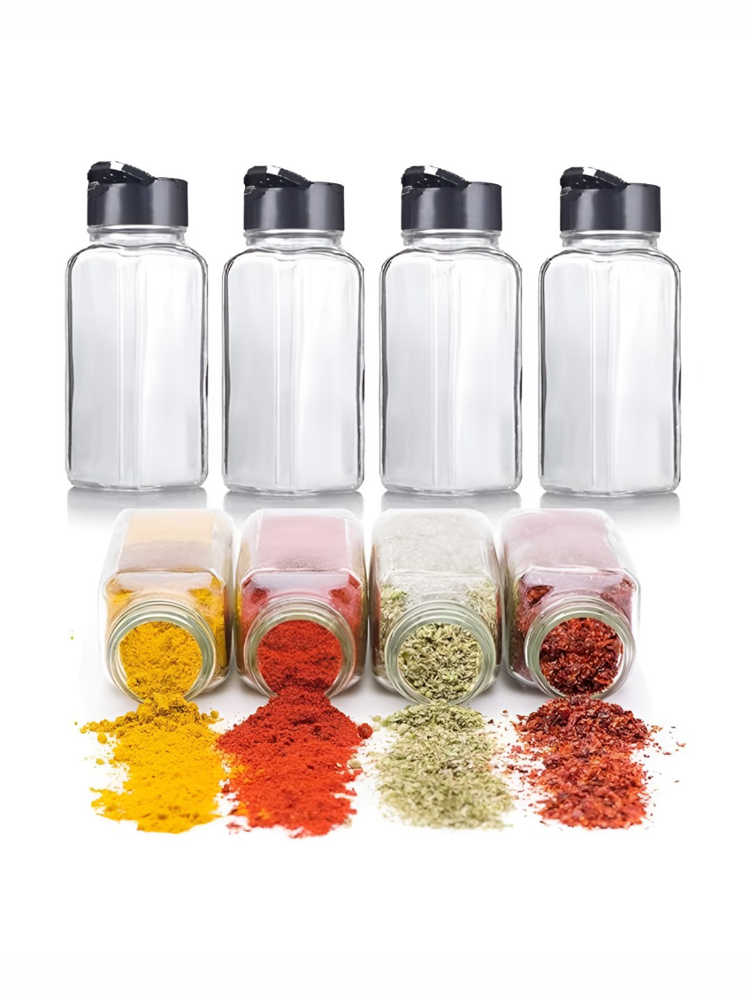 CROCO JAR Transparent & Black 8 Pieces Glass Spice Jars - 100 ml each