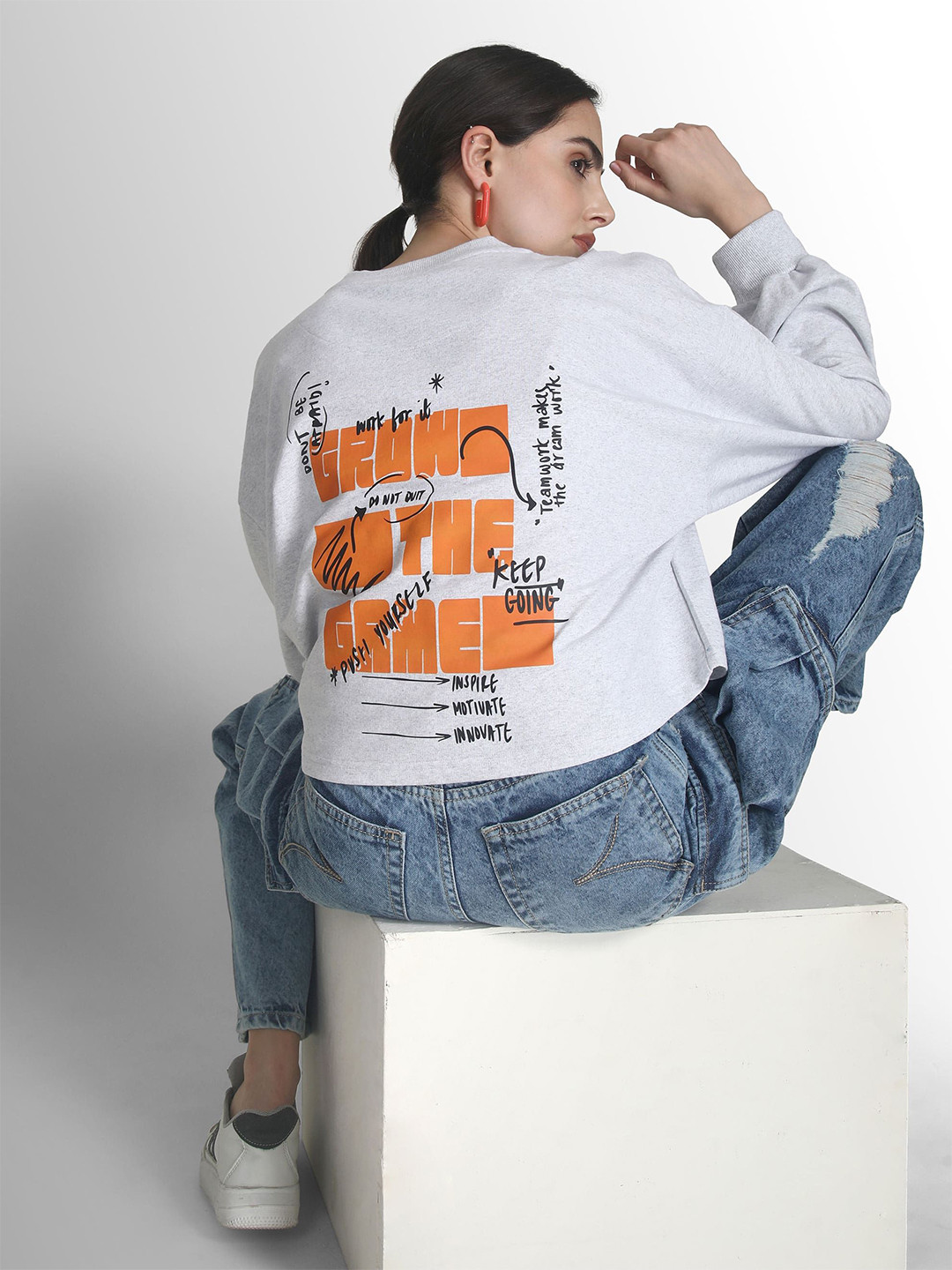 Bene Kleed Women White Melange Casual Oversized Sweatshirts