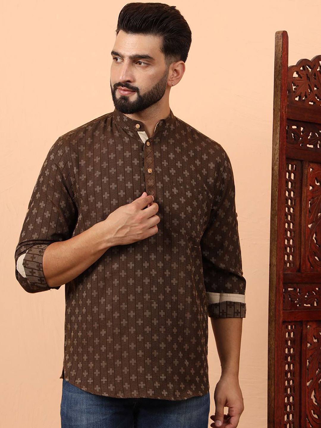 Latest Chikan Garments Geometric Woven Design Mandarin Collar Straight Short Kurta