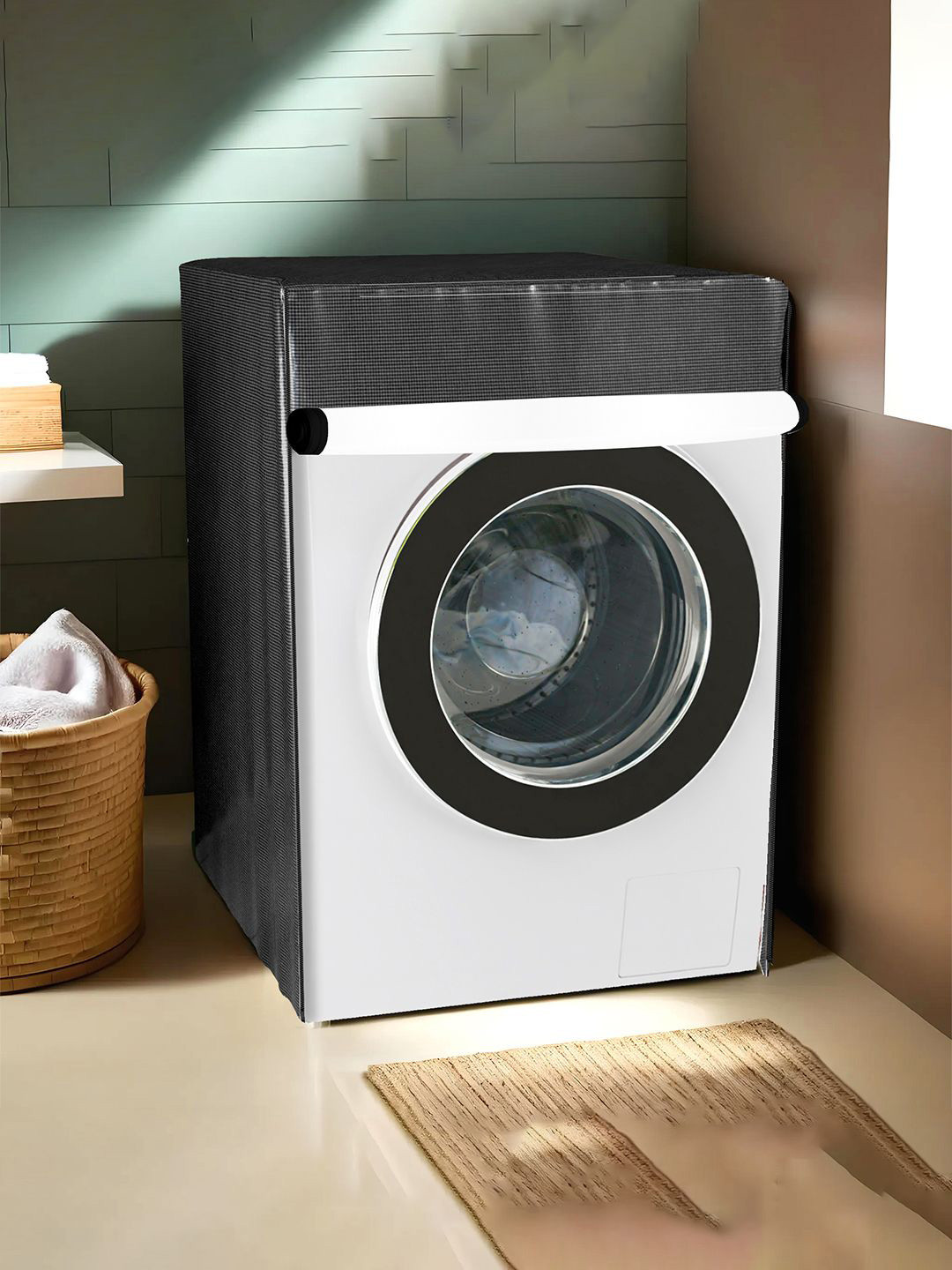 Kuber Industries Grey & Black Checked Light Weight Front Load Washing Machine Cover