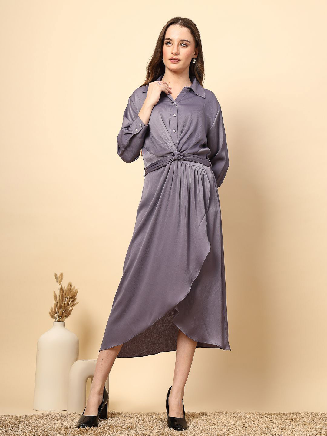 Gipsy  Women   Front Fall Solid Shirt Midi Dress