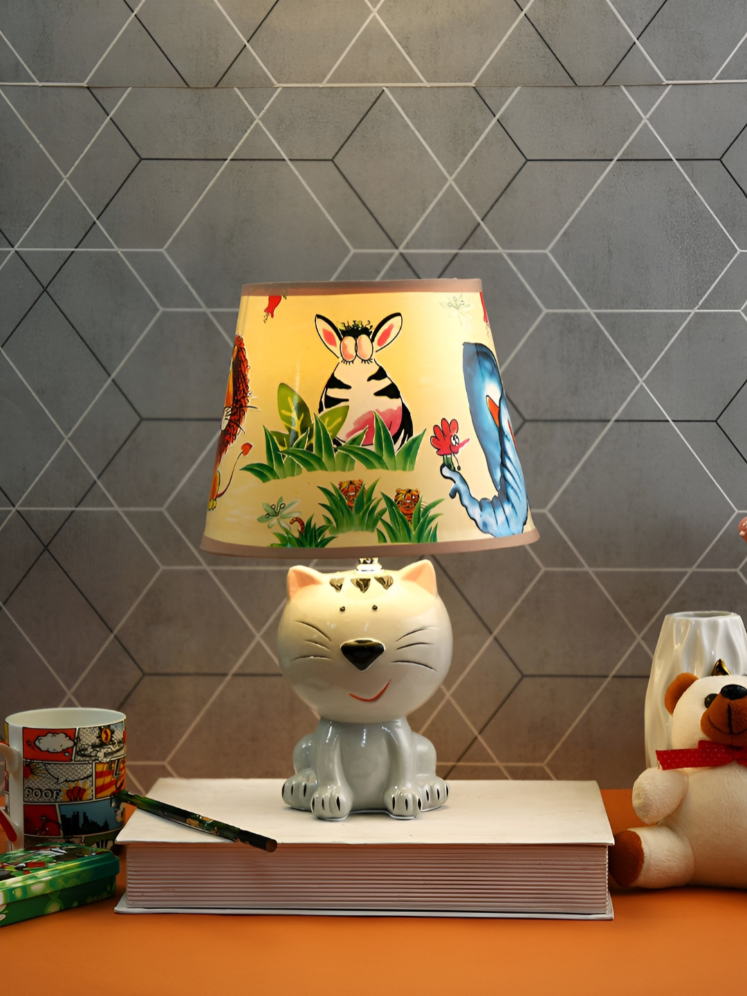 TAYHAA White and Black Printed Ceramic Cylindrical Shaped Table Lamp