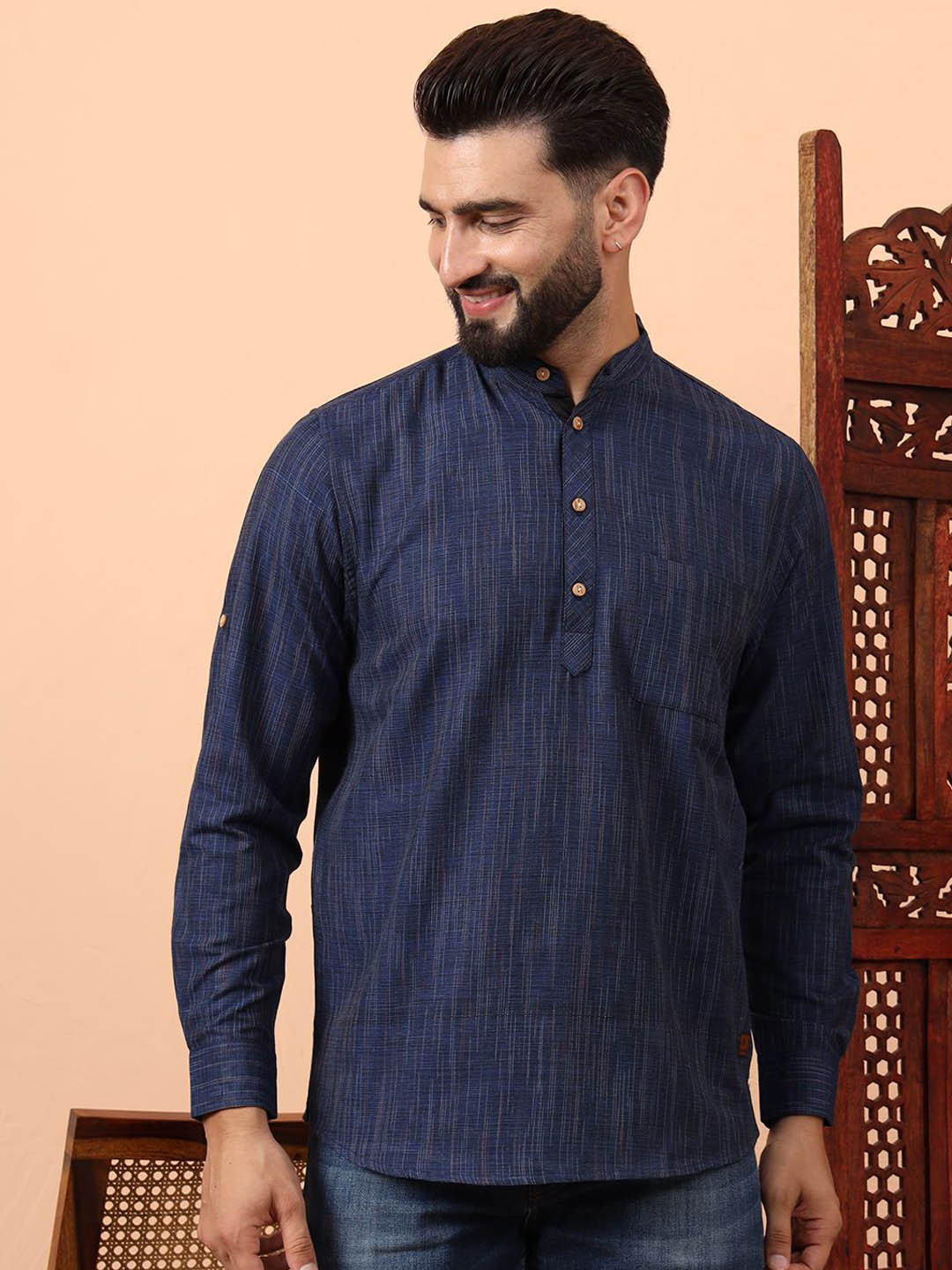 Latest Chikan Garments Striped Mandarin Collar Straight Short Kurta