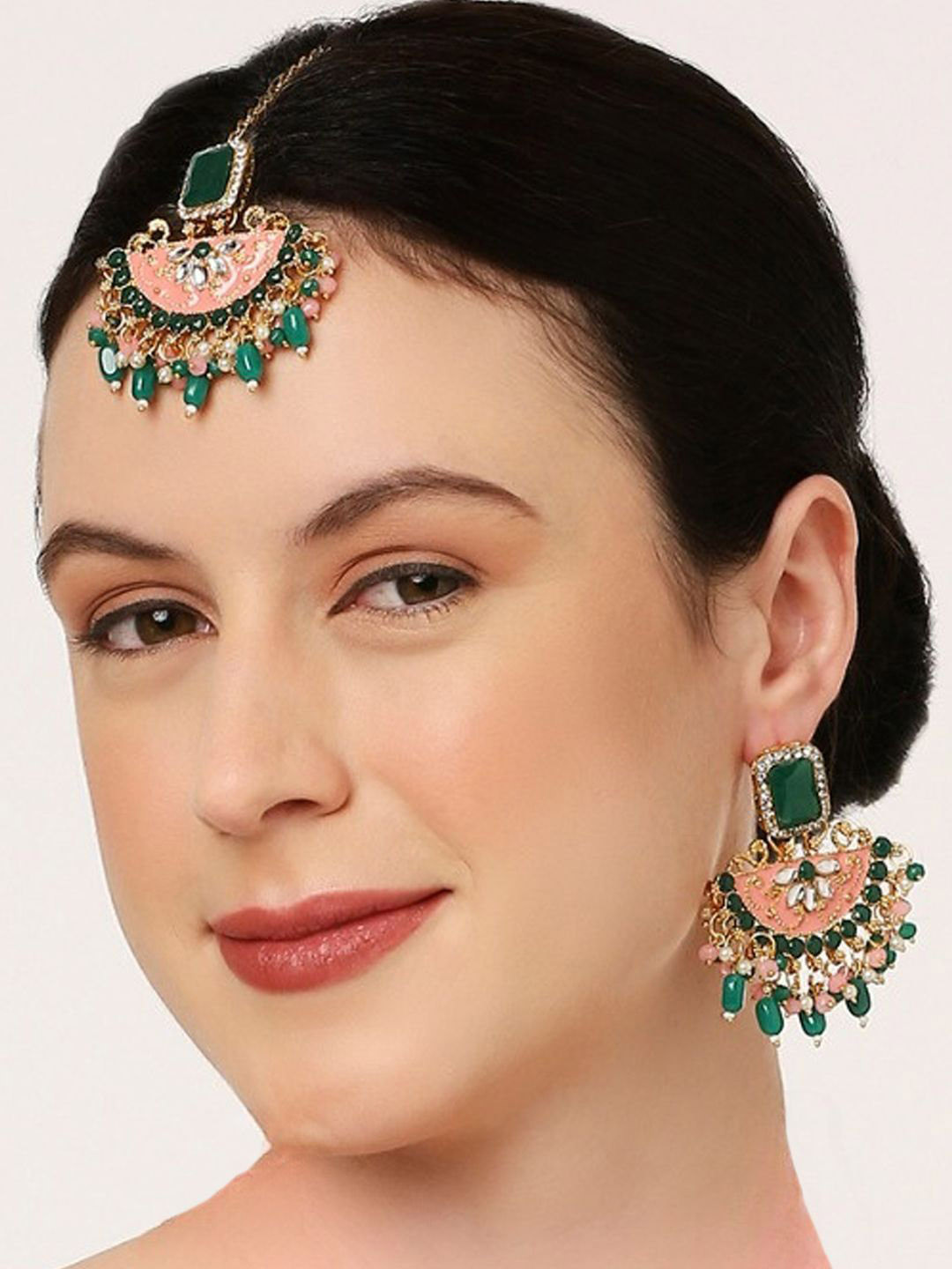 Anouk Stone-Studded & Beaded Meenakari Maangtikka Set with Drop Earrings