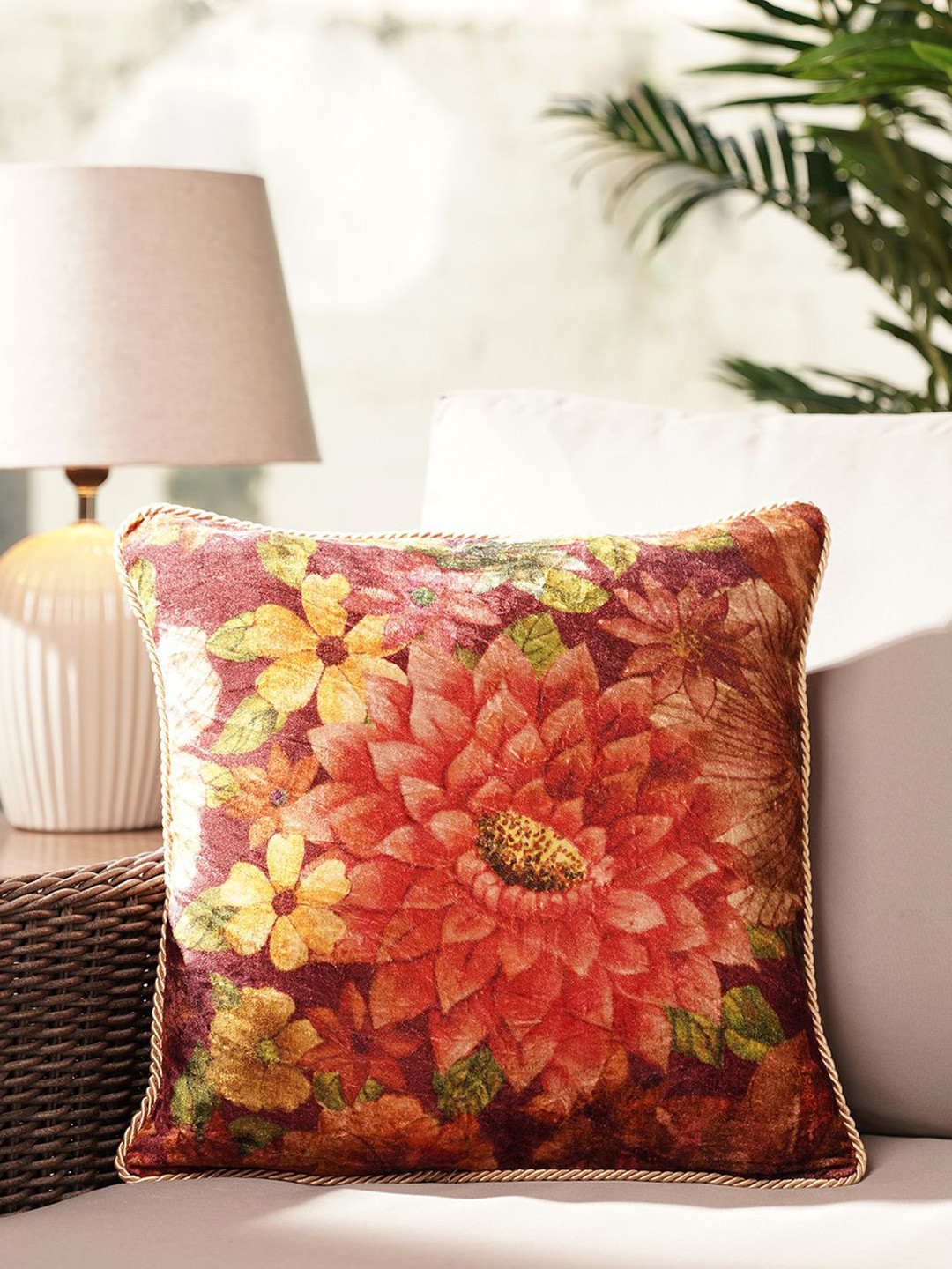 Pure Home and Living Brown & Green Floral Printed Velvet Square Cushion Covers