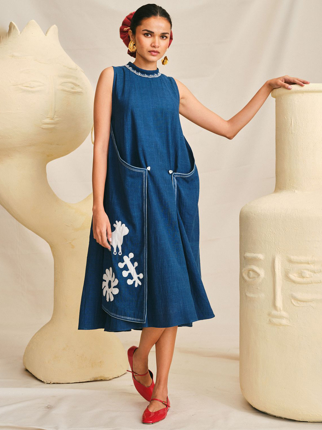 Jodi high neck Embroidered A-Line Midi Dress