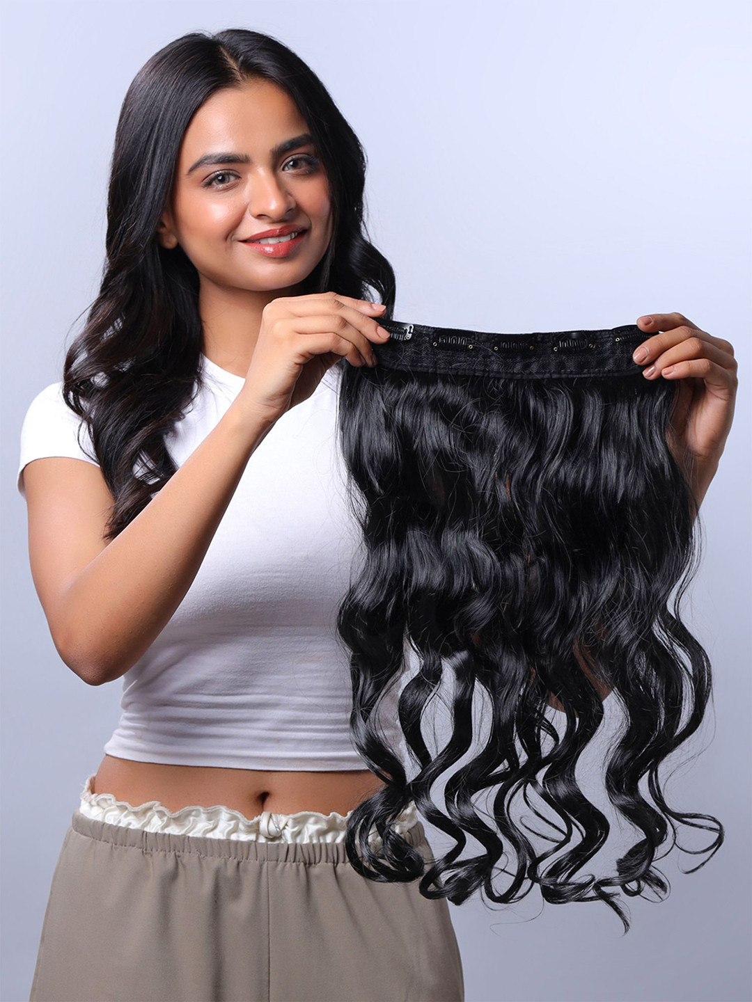 Yellow Chimes 5 Clip Long Wavy Hair Extension 50cm - Black