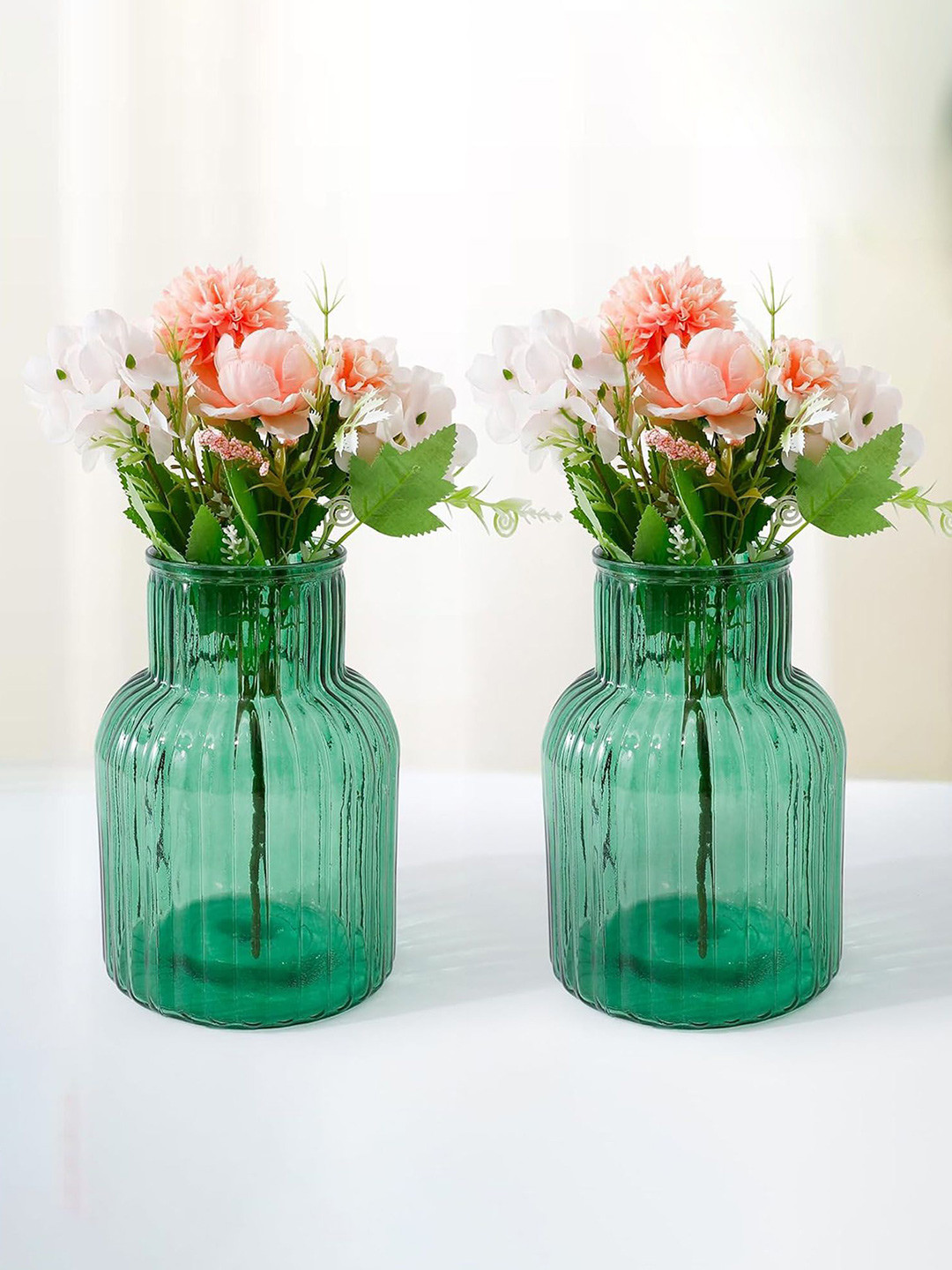 Nostrae by Ekhasa Green 2 Pieces Textured Glass Flower Vases
