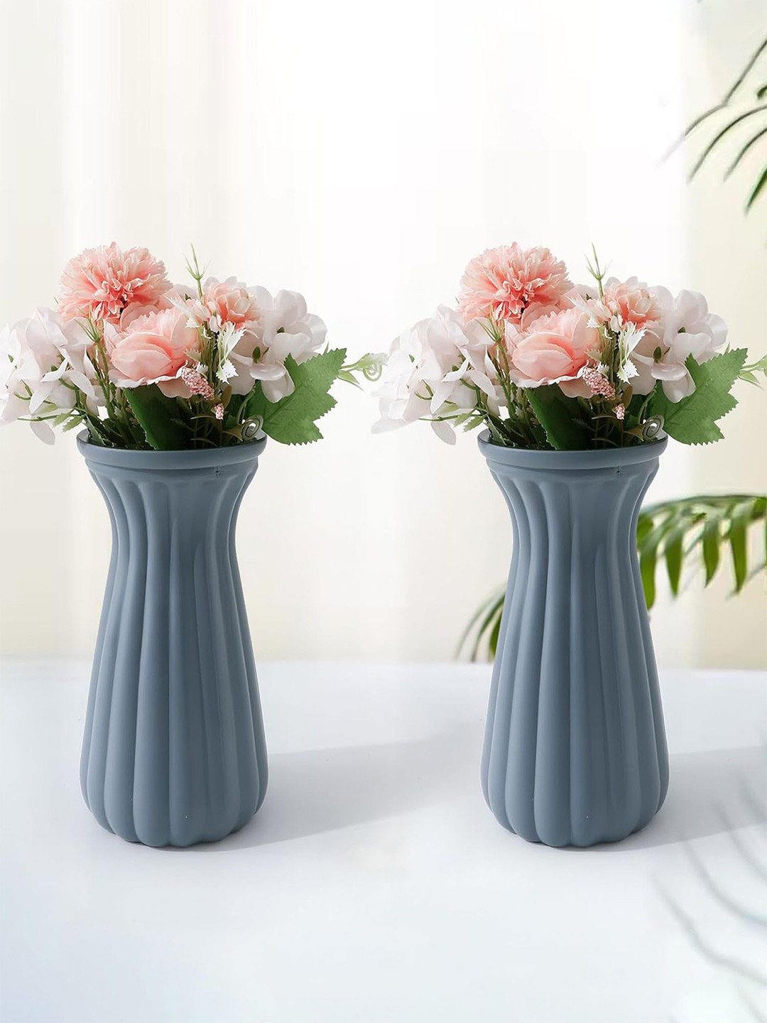 Nostrae by Ekhasa Blue 2 Pieces Ribbed Glass Vases