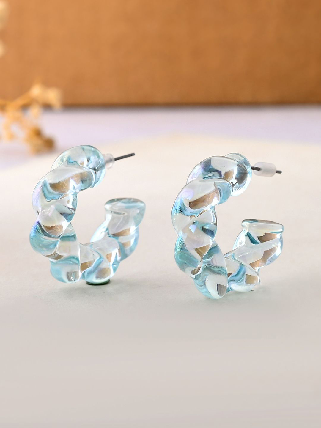 Resin Soft Blue Twisted Hoop Earrings