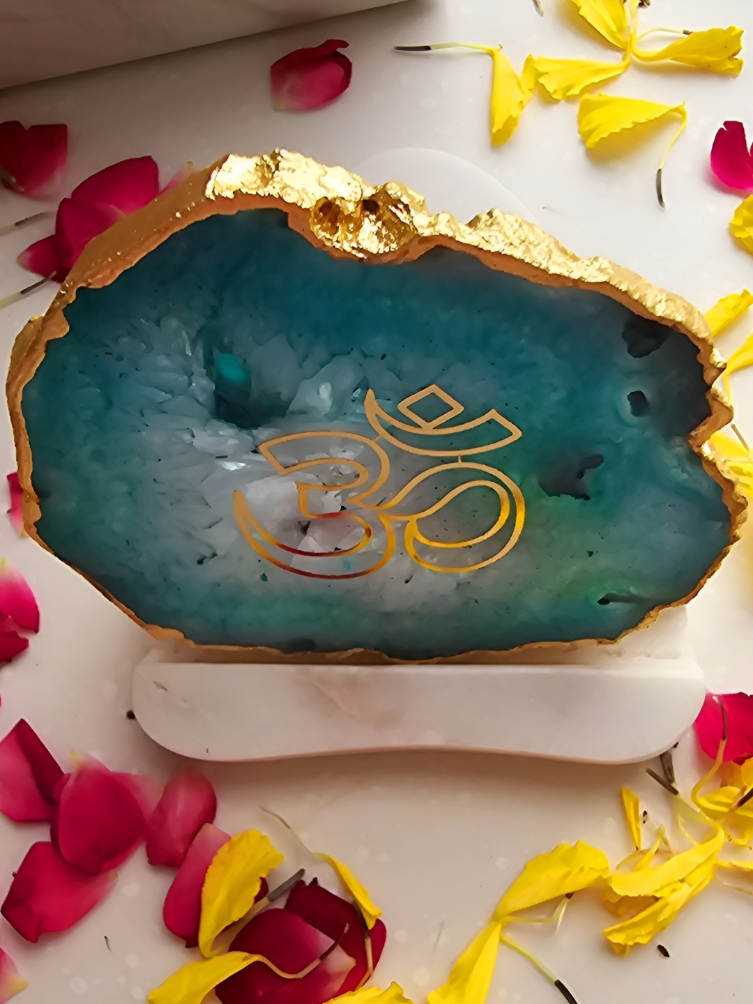 HOMEARTE White & Green OM Agate with Marble Tea light Religious Candle Holder