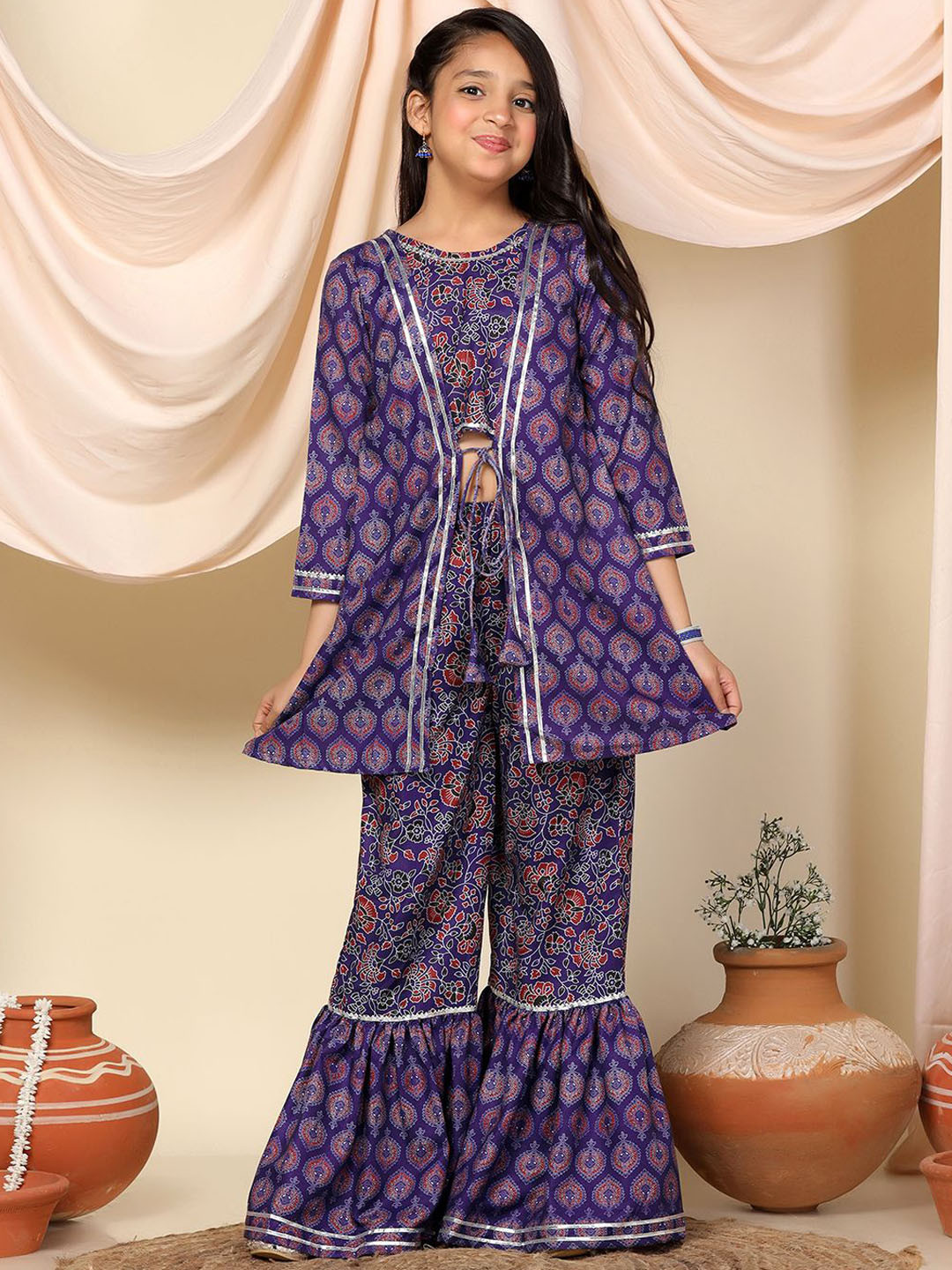 BAESD Girls Printed Round Neck Crop Inner with Attached Shrug Style Kurta And Sharara