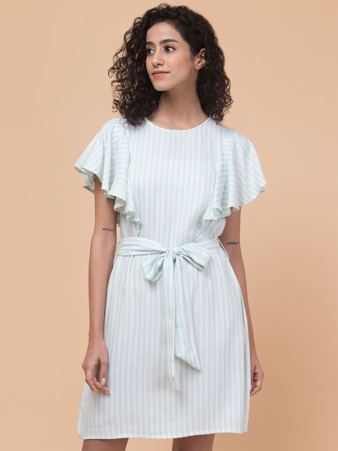 Hive91 Striped Round Neck Flutter Sleeves A-Line Dress