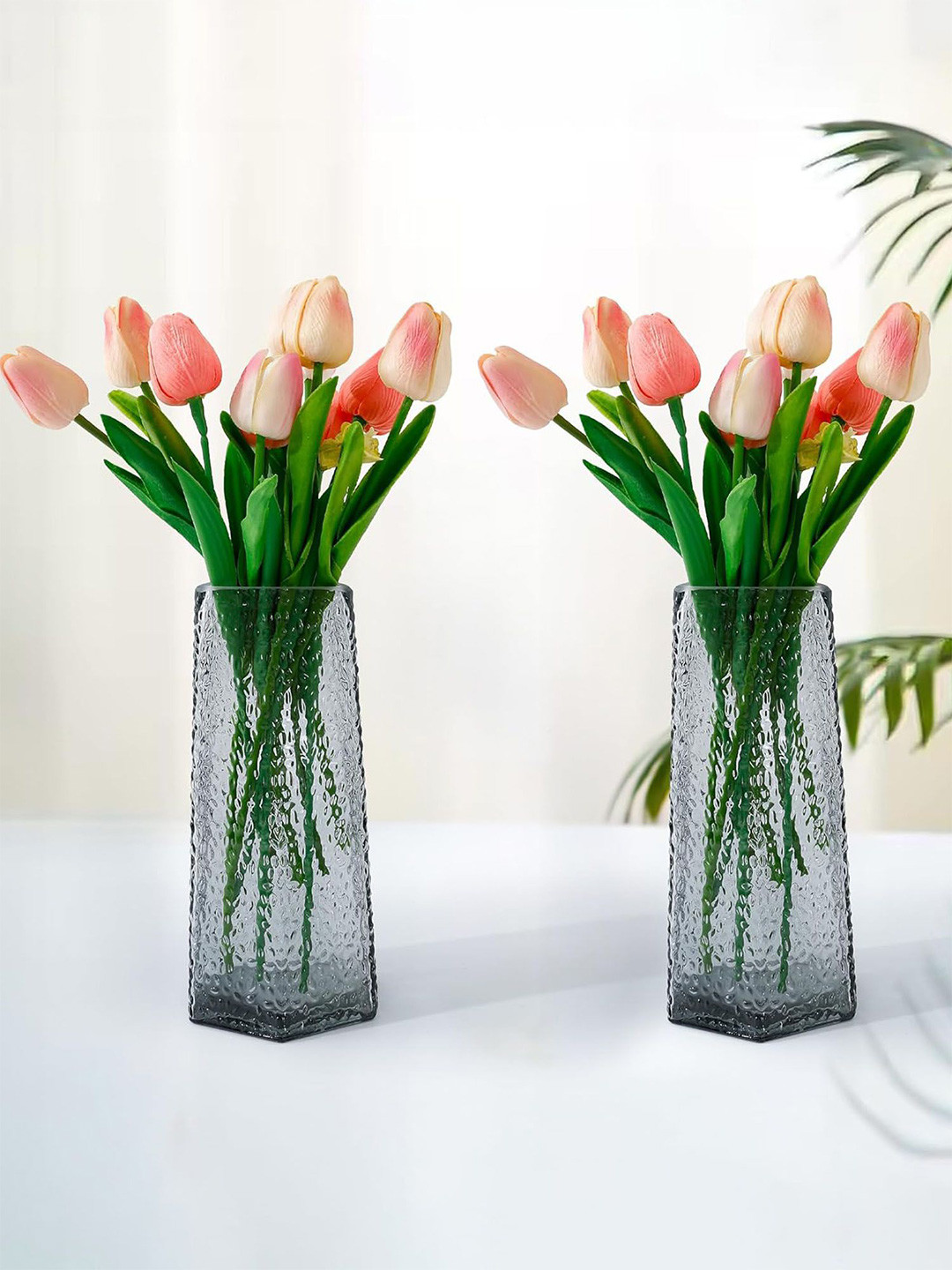 Nostrae by Ekhasa Grey 2 Pieces Textured Pure Crystal Glass Flower Vases
