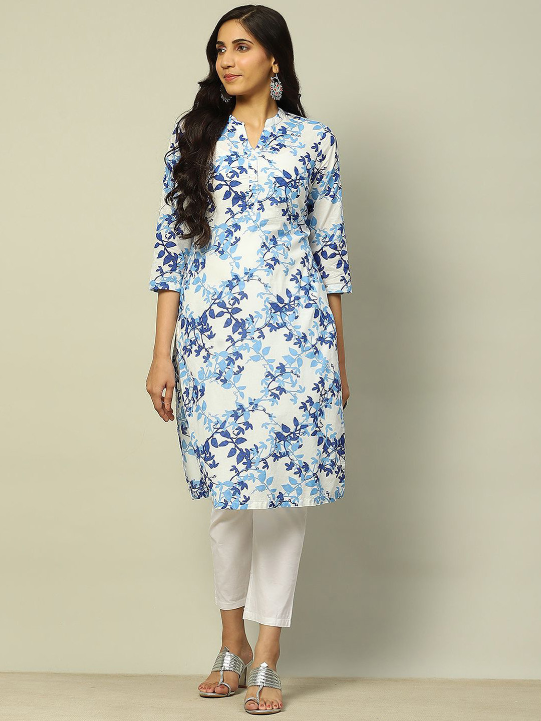Rangriti Floral Printed Mandarin Collar Cotton Straight Kurta