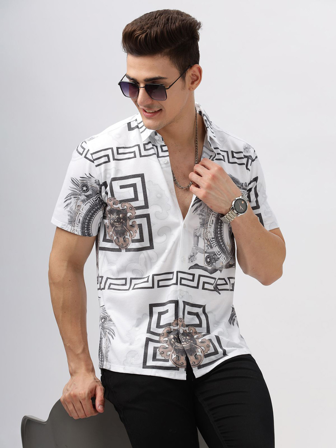 BULLMER Men Standard Spread Collar Graphic Printed Cotton Casual Shirt