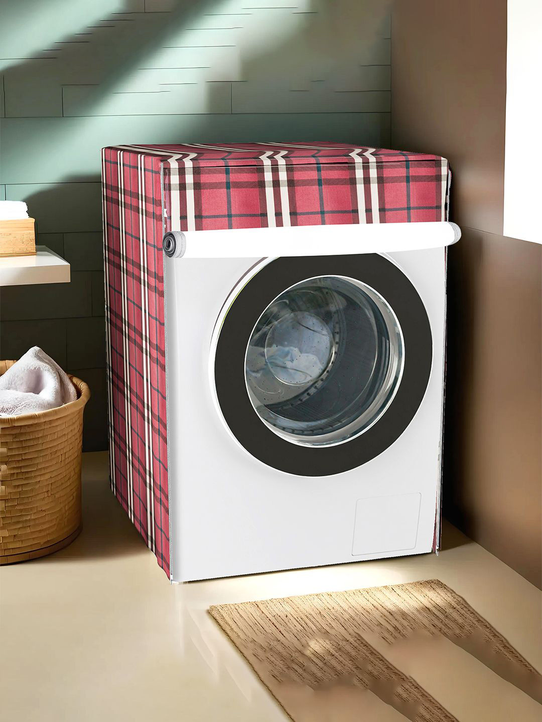 Kuber Industries Maroon & White Checked Light Weight Front Load Washing Machine Cover