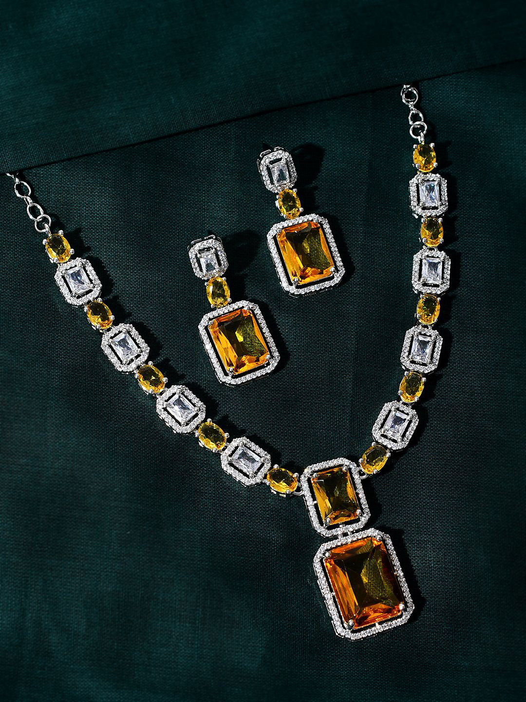 Voylla Rhodium-Plated Sparkling Elegance Regal Cascade American Diamond Jewellery Set