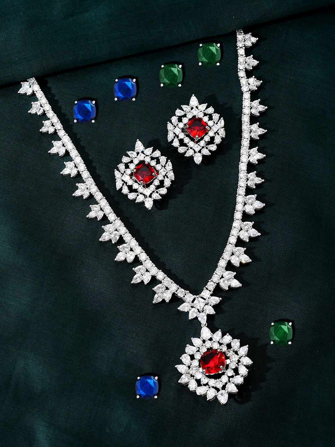 Voylla Sparkling Elegance Timeless Rhodium Plated AD Studded Interchangeable Jewellery Set