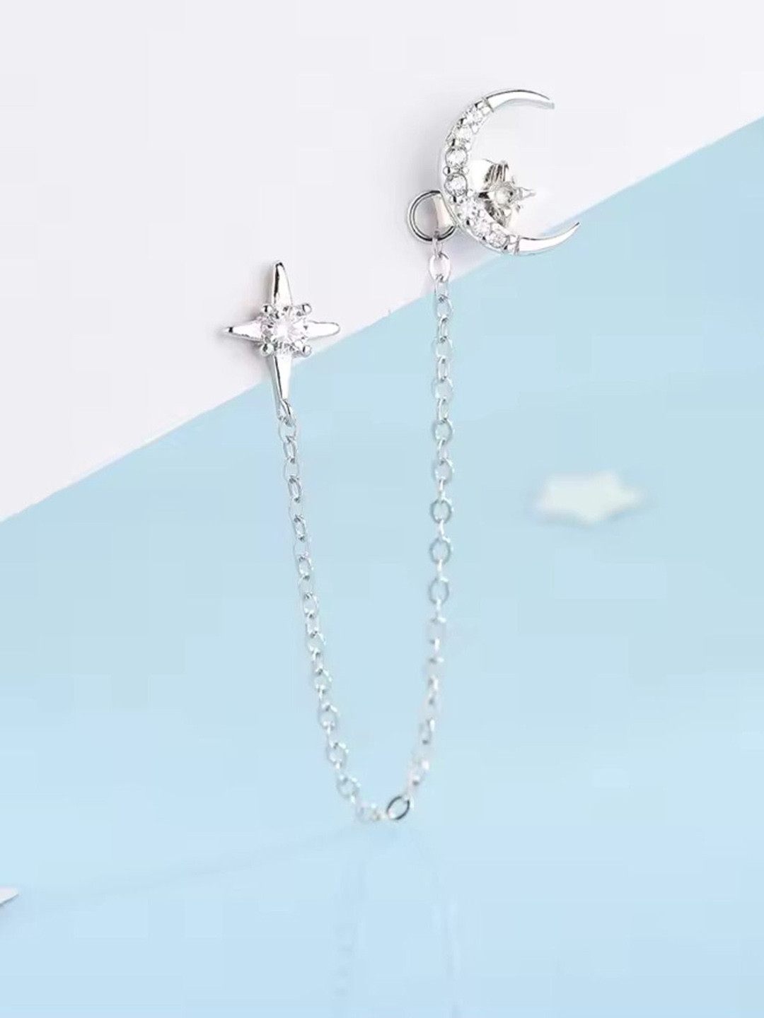 Silverfied Sterling Silver Rhodium-Plated Moon Star 3 in 1 Chain Connector Drop Earrings