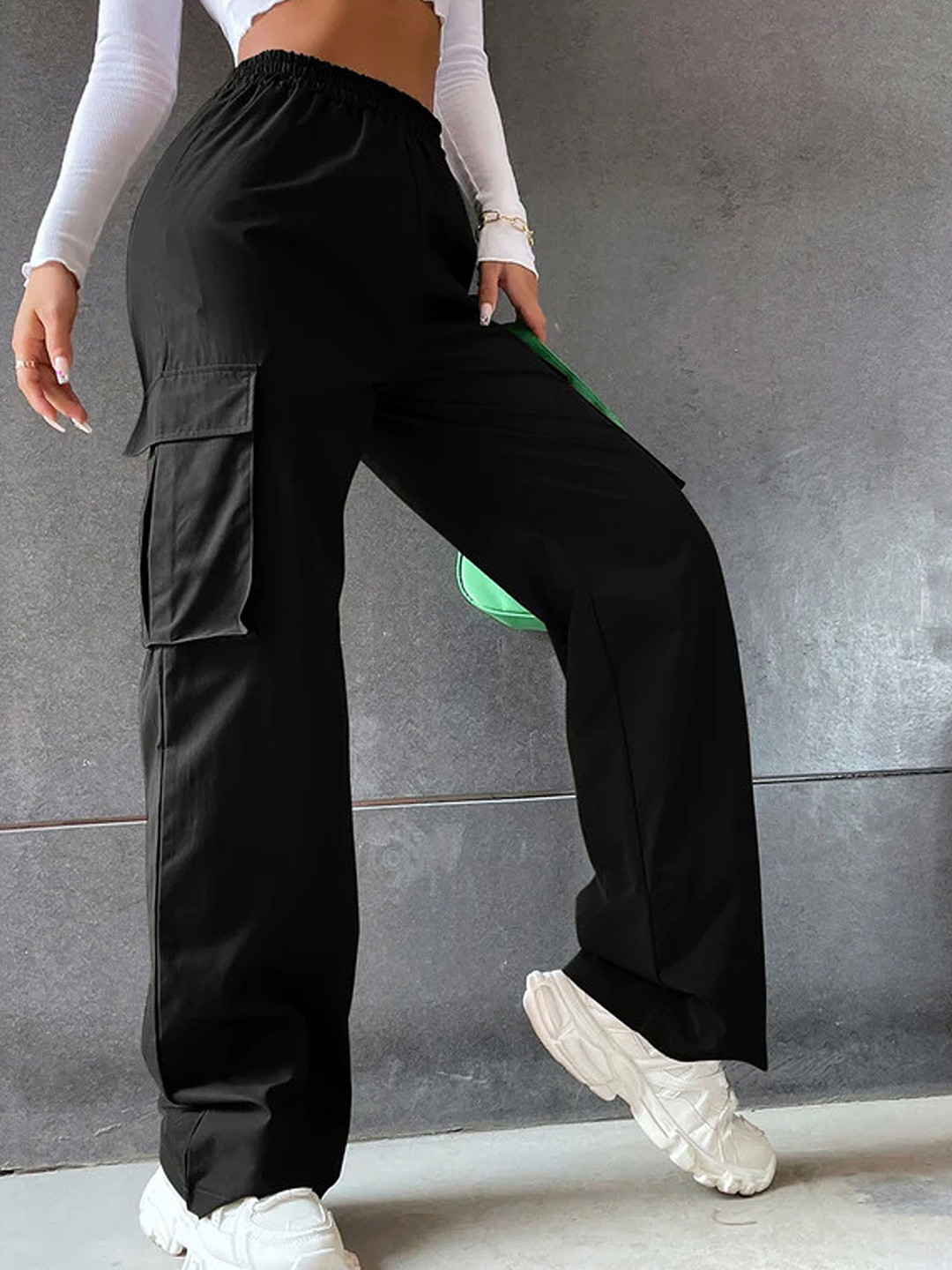 KALINI Women Original Loose Fit High-Rise Wrinkle Free Pleated Cargos Trousers