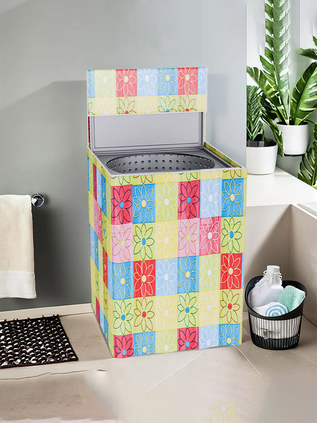 Kuber Industries Red & Blue Checked Floral Light Weight Top Load Washing Machine Cover