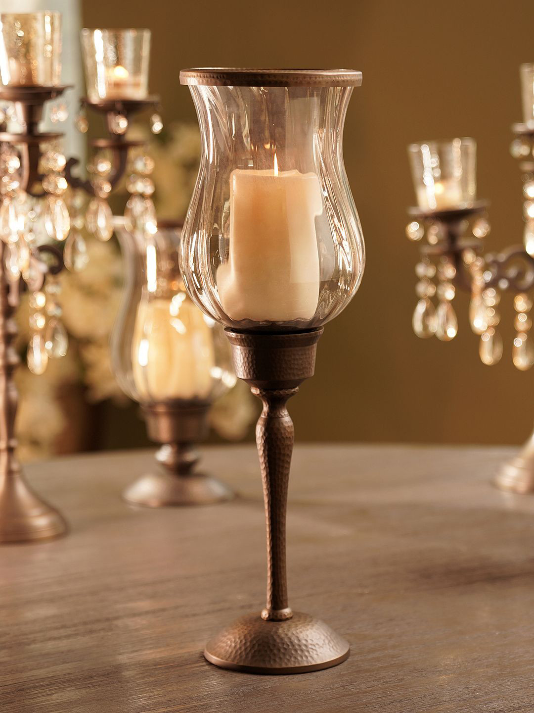 Pure Home and Living Brown & Transparent Textured Aluminium Hurricane Candle Holder