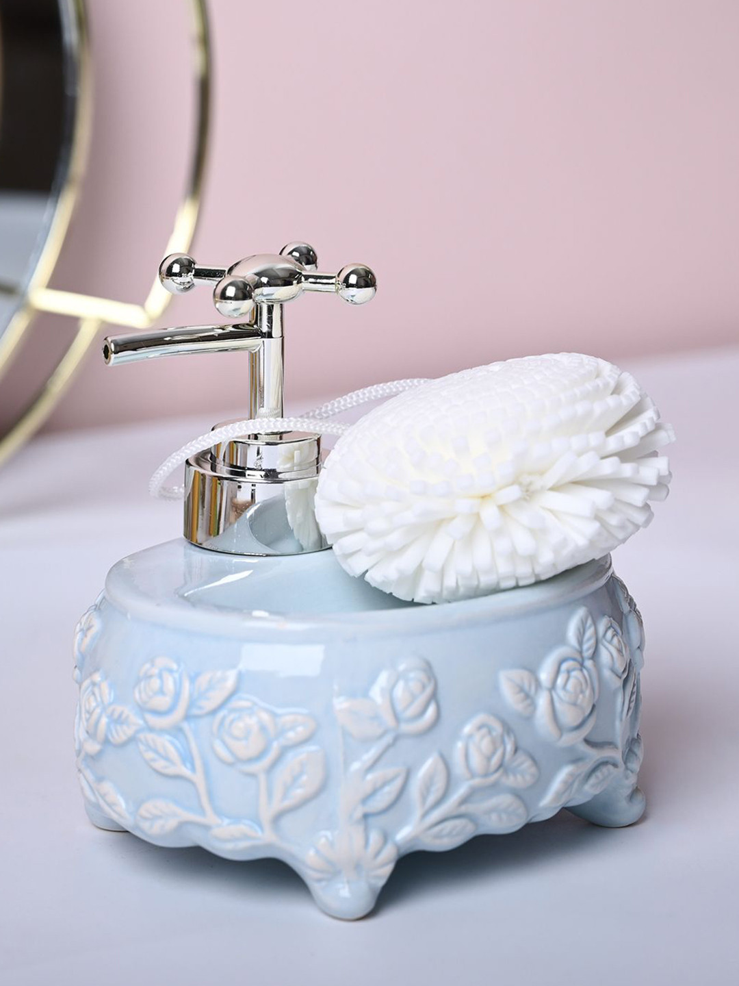 MARKET99 Turquoise-Blue & White Floral Ceramic Soap Dispenser With Scrubber