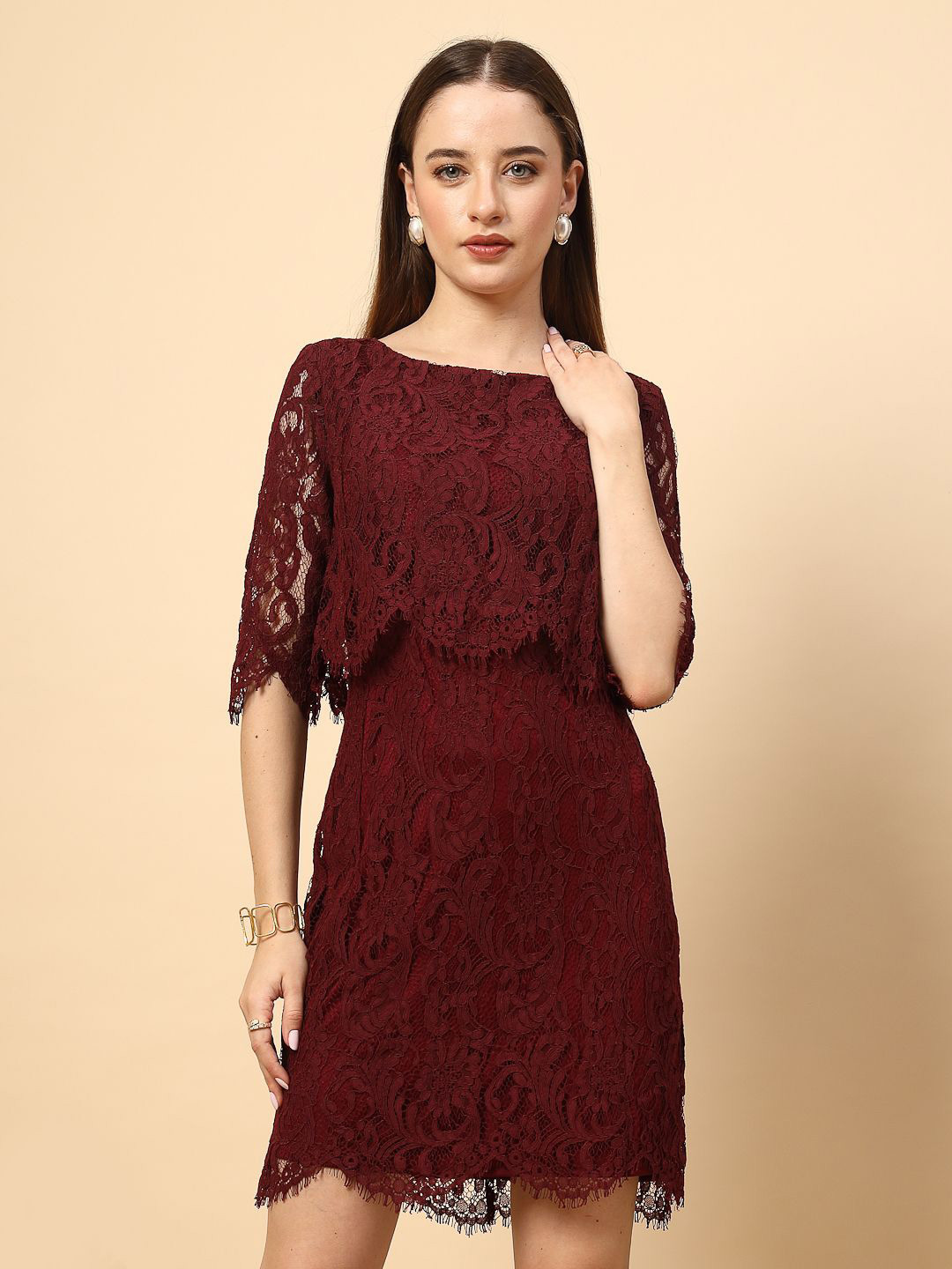 Gipsy A-Line Dress with Front and Back Layered Lace Flower Fabric