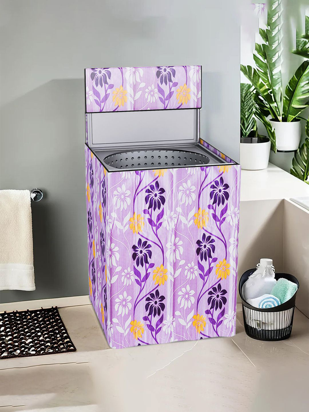 Kuber Industries Purple Floral Printed Light Weight Top Load Washing Machine Cover
