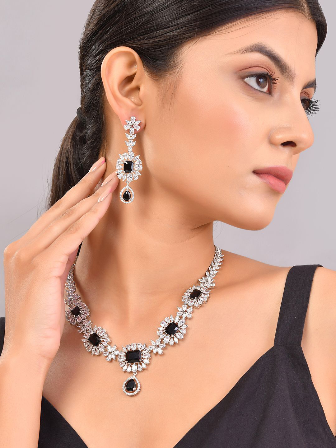 Voylla Sparkling Elegance Luminous American Diamond Studded Rhodium-Plated Jewellery Set