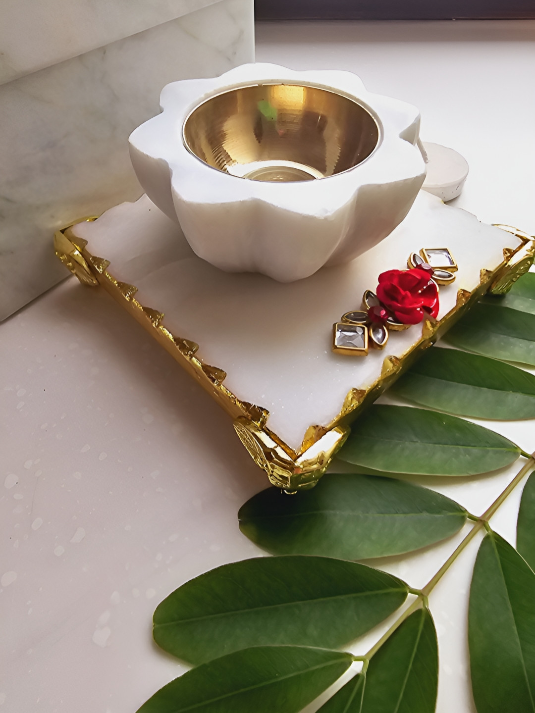 HOMEARTE Gold-Toned & White Pooja Chowki Marble Diya Candle Holder