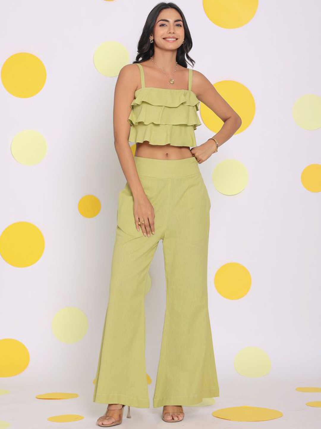 KAORI BY SHREYA AGARWAL Relaxed Fit Sleeveless Linen Layered Crop Top With Trousers