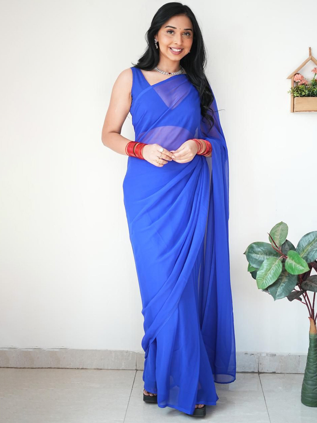 HANDMADELOVE Solid Ready to Wear Saree