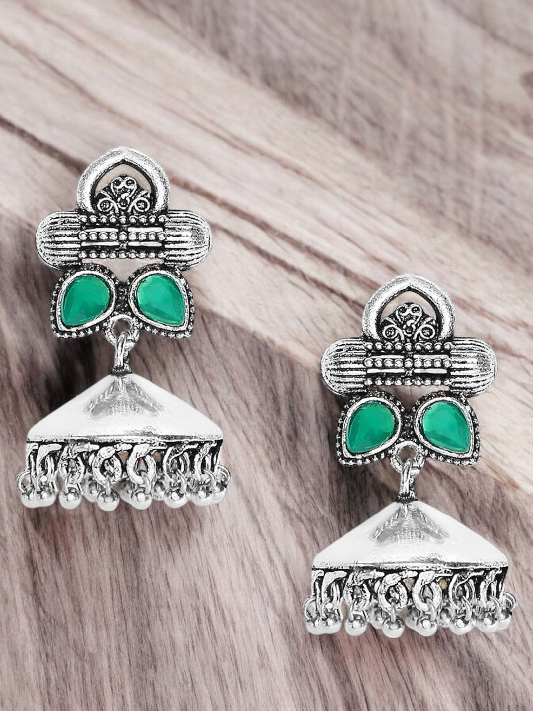 Sangria German Artificial Stone Studded & Beaded Oxidised Jhumka Earrings
