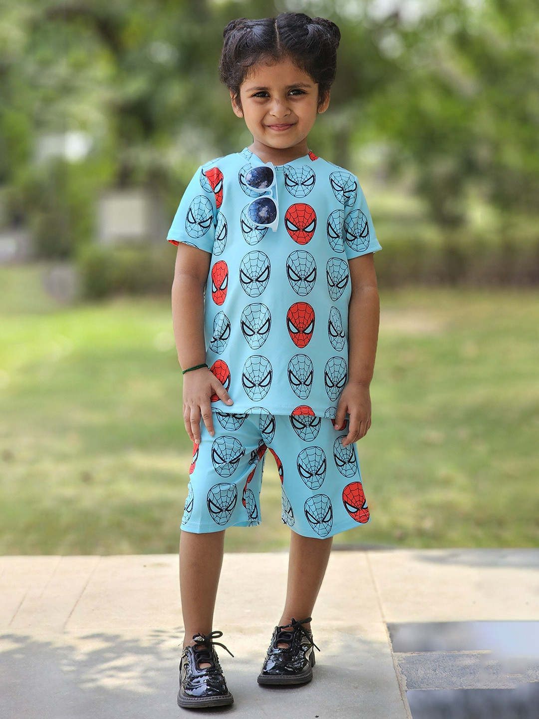 Emblica Girls Spiderman Graphic Printed Round Neck T-shirt with Shorts