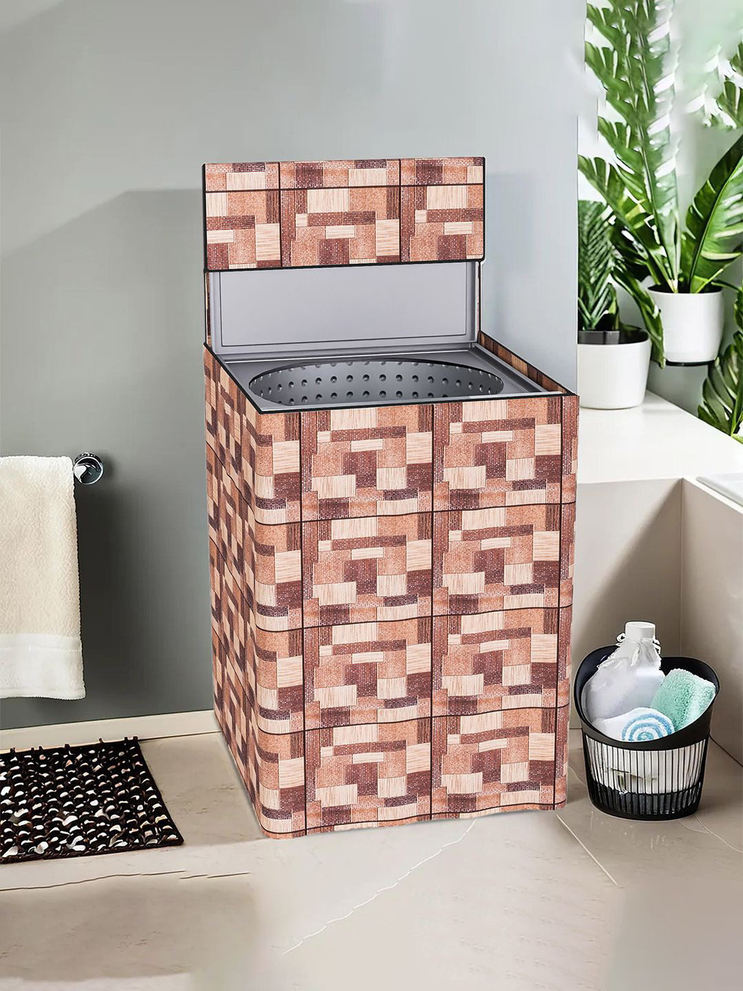 Kuber Industries Brown Checked Light Weight Front Load Washing Machine Cover