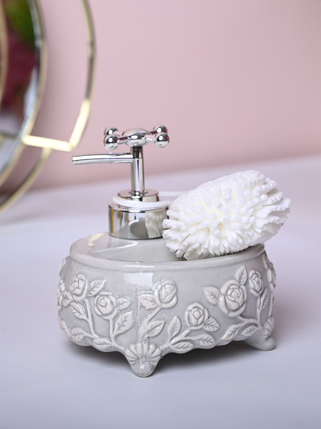 MARKET99 Grey & White Textured Ceramic Glossy Soap Dispenser With Scrubber
