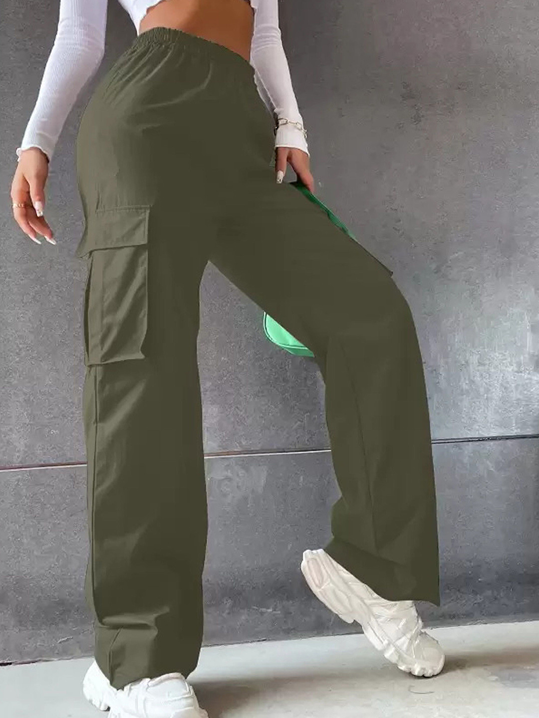 KALINI Women Original Loose Fit High-Rise Wrinkle Free Pleated Cargos Trousers