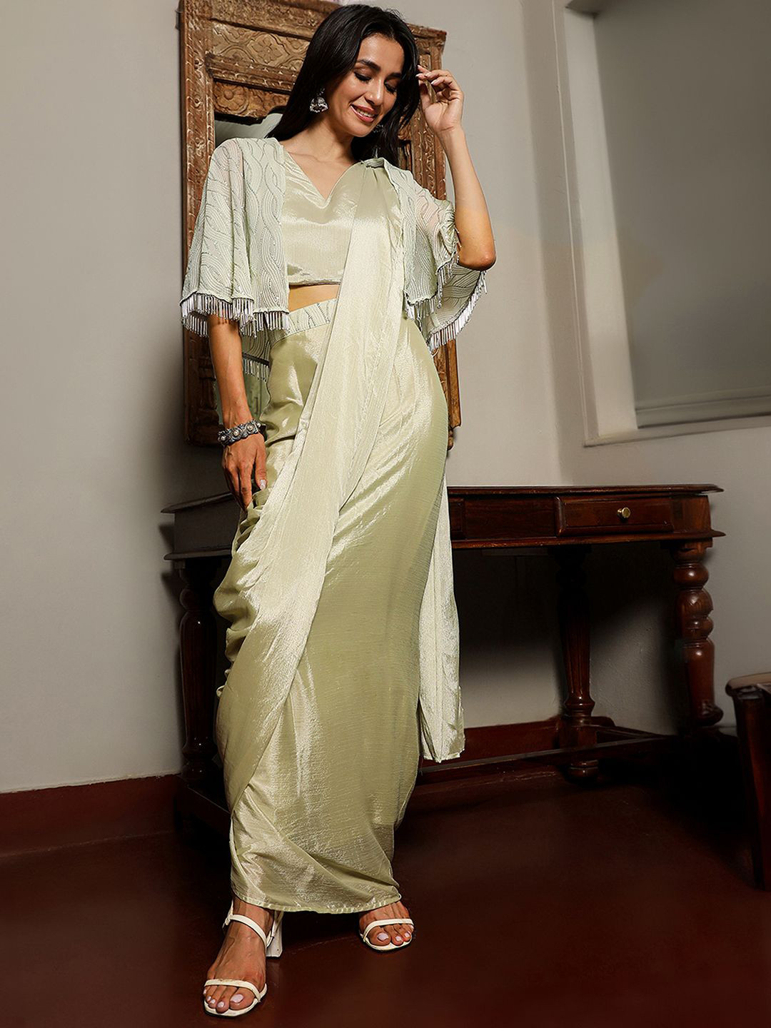 QISSA Sequinned Cape Pre-Draped Saree