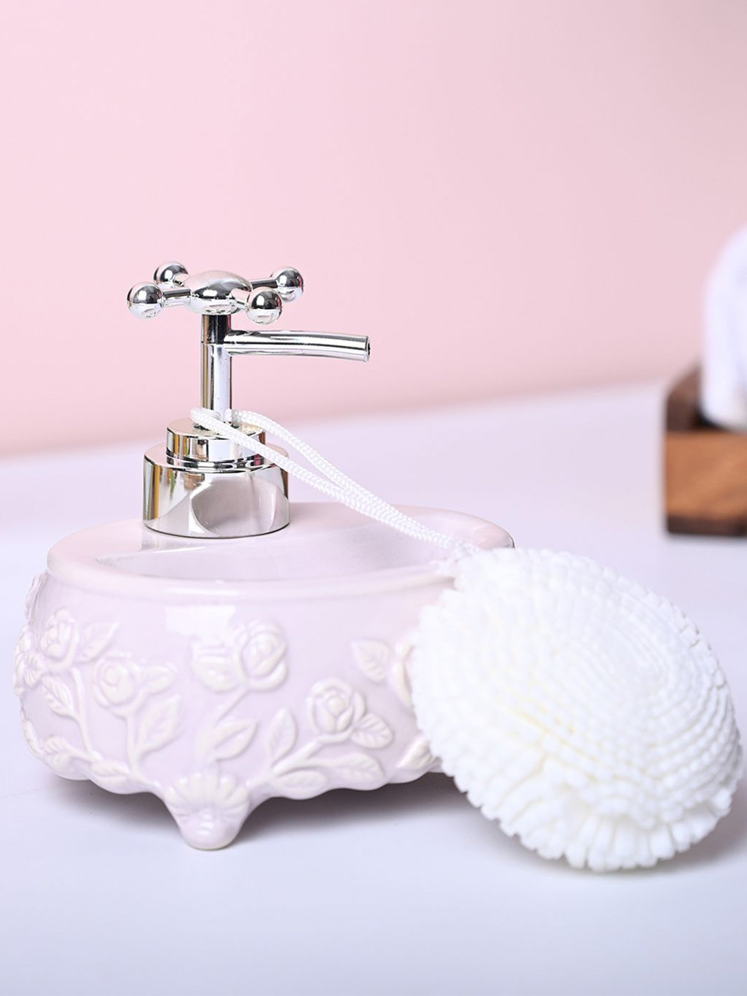 MARKET99 Pink & White Textured Ceramic Glossy Soap Dispenser With Scrubber