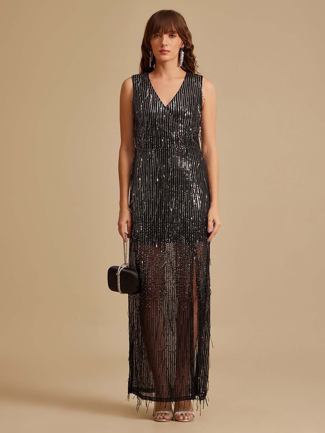 Kazo Women Embellished Sequin V-Neck A-Line Maxi Dress